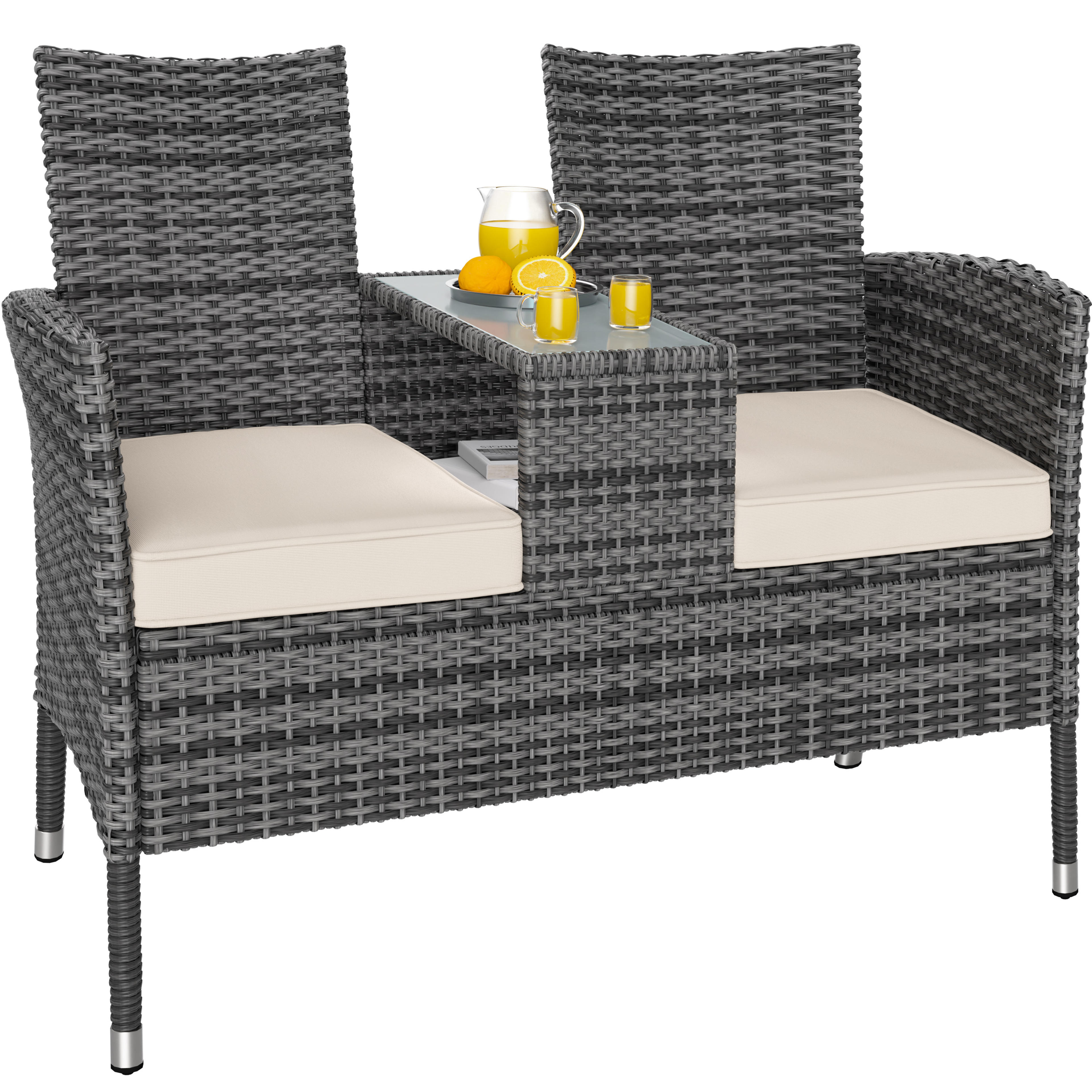 Banc de jardin gris 145x58x87cm en résine tressée avec table